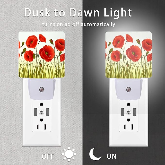 Red Flowers Night Light,Red Poppy Flowers and Ladybugs Plug-in Night Lights with Dusk-to-Dawn Sensor for Stairway/Hallway/Bedroom Sleep Friendly lamp for Women/Girls/Boys Gift,0.5W - Bloomnest