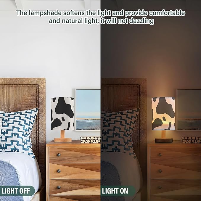 Bedside Lamp Black White Cow Print Table Lamp with USB Port Wood Base for Living Room,Bedroom,Nightstand,Office 202a3295 - Bloomnest