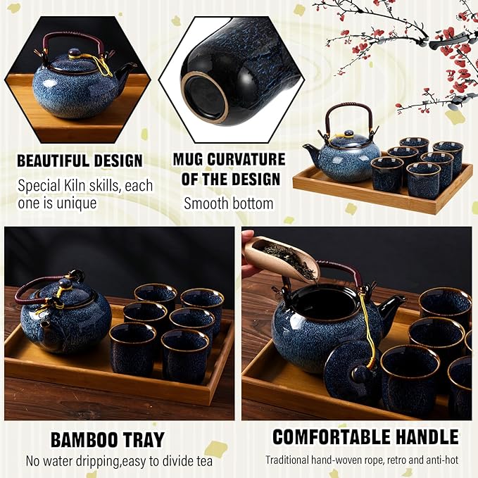 Layhit Japanese Asian Tea Set for Adults with 1 Teapot 6 Cups 1 Tray Traditional Portable Japanese Kiln Altered Glaze Porcelain Tea Set for Women Mother's Day Gifts(Blue) - Bloomnest
