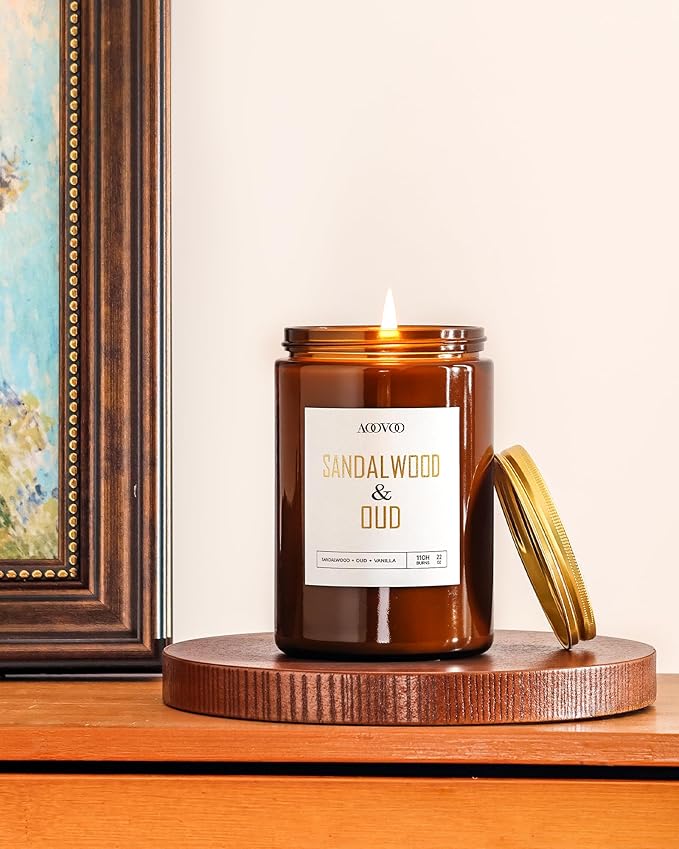 AOOVOO Sandalwood Oud Candle - Large Scented Candles 22oz, Soy Candles, Aromatherapy Candle, Soy Wax Candle - Bloomnest