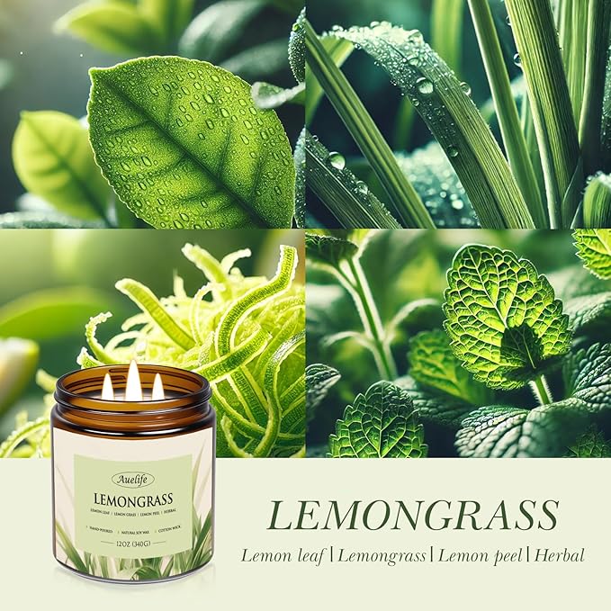 Lemongrass Scented Candle | 3-Wick Jar Candle - 12oz Natural Soy Wax - Citronella Scent for Indoor Outdoor Use, Long Lasting Aromatherapy Gifts for Fathers Day, Summer, 50+ Hour Burn - Bloomnest