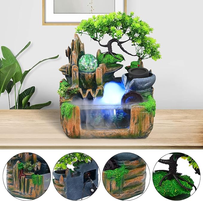 Gdrasuya10 Indoor Fountain, Tabletop Rockery Fountain with LED Lights, Goldfish Waterfall, Durable Resin Material, Ideal for Office, Home, Bedroom