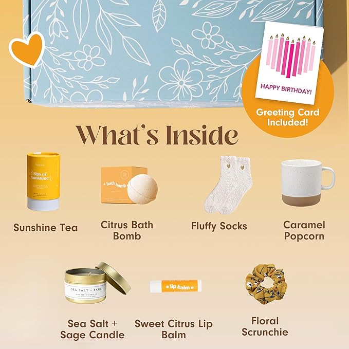Unboxme Sunshine Gift For Women | Self Care Package with Herbal Tea, Mug, Bath Bomb, Candle, Fluffy Socks, Lip Balm, Sheet Mask, Scrunchie & Happy Birthday Card - Bloomnest