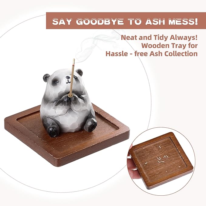 Lionpower Incense Holder for Sticks with Burner & Ash Catcher - Resin Panda, Wooden Tray, 10 Incense Sticks for Meditation Yoga Spa, Cute Home Decor Room Accessories (Panda)