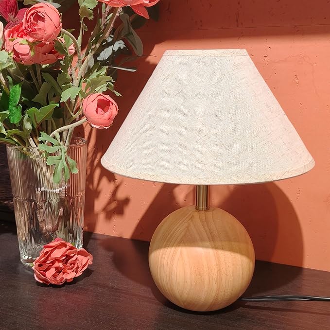 Table Lamp for Living Room,Wood Base Flaxen Fabric Shade Desk Lamp for Bedroom,Small Décor Ambient Bedside Lamps for Night Stands,LED Bulb (not Included) - Bloomnest