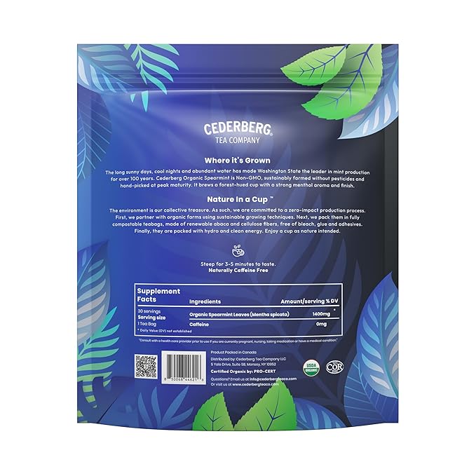 Cederberg Tea Company Organic Spearmint Tea — 30 Tea Bags | Organic Herbal Tea From Single Origin | Eco-Friendly Tea Bags | Non-GMO Caffeine Free Tea With Zero Sugar - Bloomnest