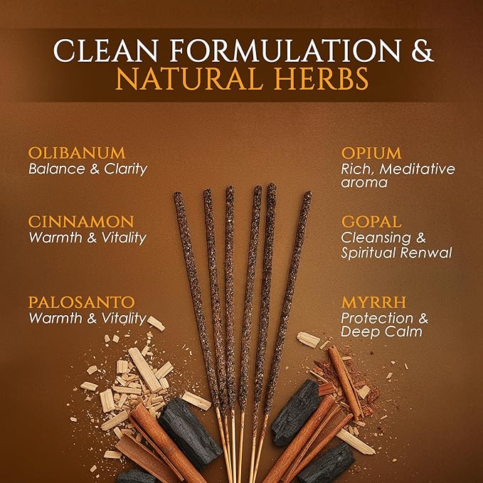 Himalayan Smudge Incense – 6 Fragrant Scents: Palo Santo, Copal, Myrrh, Cinnamon, Opium, Olibanum | 60 Sticks + 6 Dhoop | Masala Blend with Resins, Herbs & Essential Oils | Handcrafted Rushant