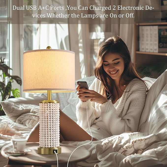 Wood Beaded Table Lamp Set of 2 for Living Room Bedroom Touch Control 3-Way Dimmable 24.5" Farmhouse Table Lamps Rustic Nightstand Bedside Lamps(2 Bulbs Included) - Bloomnest