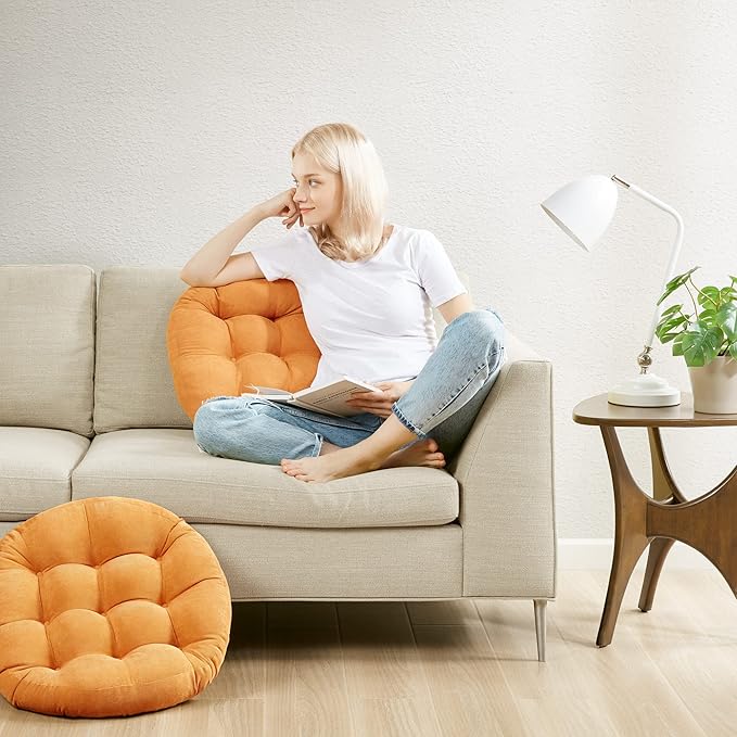 Floor Cushion Pillow Set of 2, Round Large Pillows Seating for Adults, Tufted Corduroy Cushions for Living Room Tatami, Orange Yellow, 22 Inch - Bloomnest