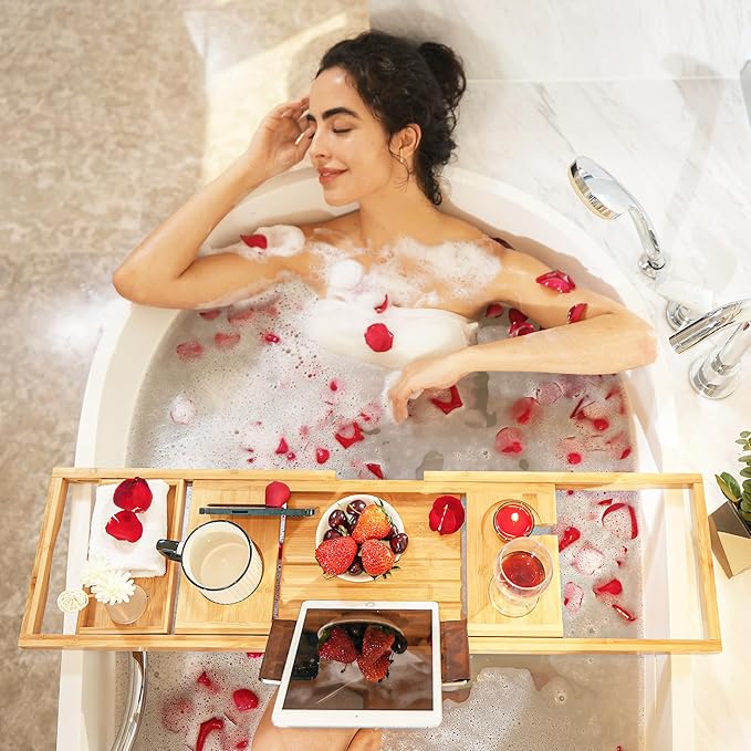 VaeFae Bamboo Bathtub Caddy Tray, Expandable Bath Tray for Tub with Upgraded Wine Slots and Book Holder - Ideal for One or Two Person Use - Bloomnest