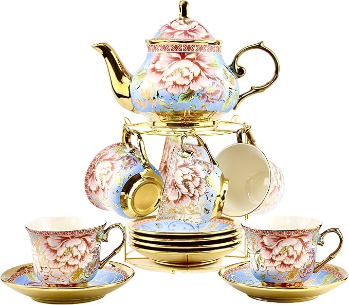 20 Pieces Porcelain Tea Set With Metal Holder, European Ceramic tea set for adults,Flower Tea Set,Tea Set For Women With Flower Painting(Large version, Light Blue)) - Bloomnest