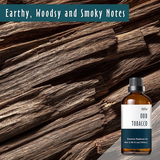 Oud Tobacco Fragrance Oil, MitFlor Single Scented Oil, Large Size Premium Grade Fragrance Oil for Soap & Candle Making, Aromatherapy Oil, Men & Woody Scent for Home Fragrance - 3.38 OZ/100ML MitFlor