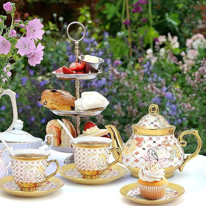 20 Pcs Porcelain Tea Set with Metal Holder, Adult Tea Sets Gift, European Ceramic Tea Set for Adults, Flower Tea Cup Saucer Set for Party With Gold Flower Painting (Classic Gold) - Bloomnest