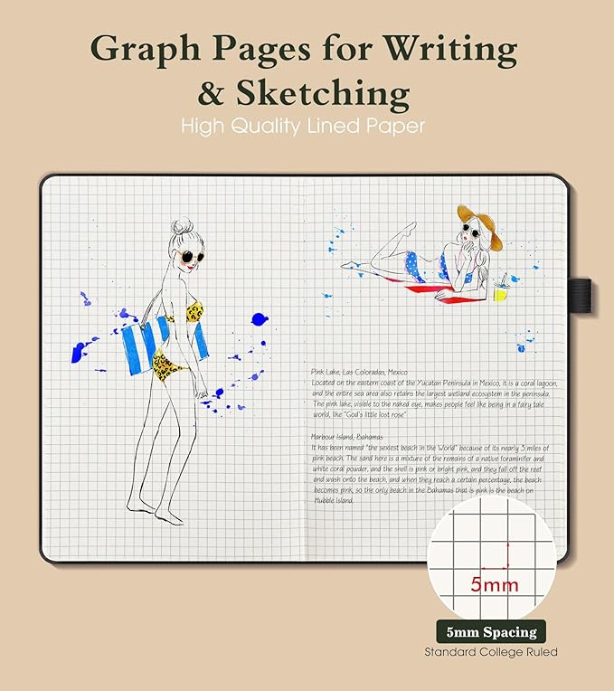 PAIBAS Graph Notebook for Women Men, 160 Pages Grid Paper, Graphing Notebooks for School, Work, Quad Ruled, Inner Pocket, A5 Hardcover Vintage Leather Journals for Writing, 5.8"x8.5" (Black) - Bloomnest