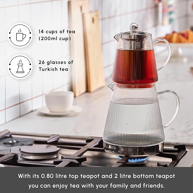 Karaca Keops Turkish Teapot with Infuser and Lid (450 ml Tea Pot & 1500 ml Induction Kettle) - Borosilicate Glass Teapot Set for Stovetops - Clear Tea Maker with 10-15 Cups Capacity