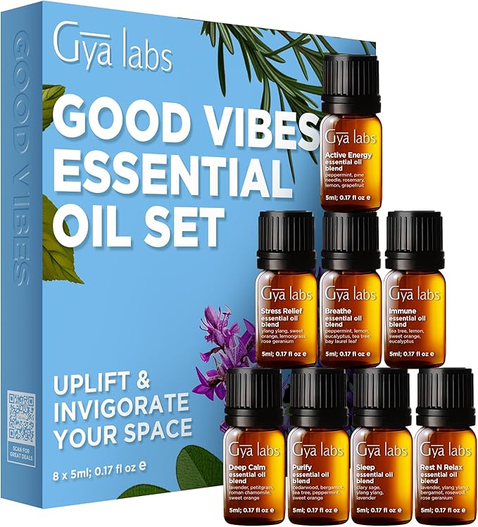 Gya Labs Good Vibes Essential Oil Set (0.17 Fl Oz×8) - Relaxation Gifts for Women - for Diffuser, Aromatherapy & DIY Candle Making Scents - Bloomnest