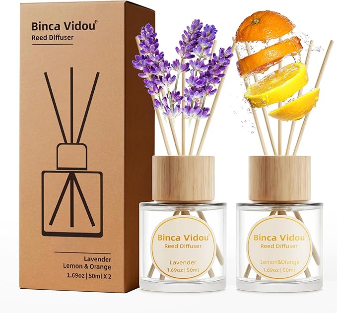 Reed Diffuser Set, Binca Vidou Lavender Orange & Lemon Natural Scent Oil Diffusers with Sticks for Home Office Bathroom Aromatherapy Decor 1.69oz x 2 - Bloomnest