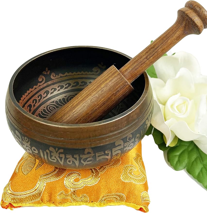 3017 SB 'G' Note Solar Plexus Chakra Antique Tibetan Auspicious Symbol Bowl Set ~ Nepal - Bloomnest