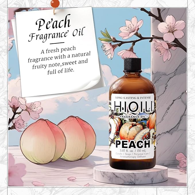 HIQILI Peach Fragrance Oil for Home Diffuser, DIY Candle, Linen & Room Freshener Spray Making, Juicy Fruit Scents - 5.07 Fl Oz HIQILI
