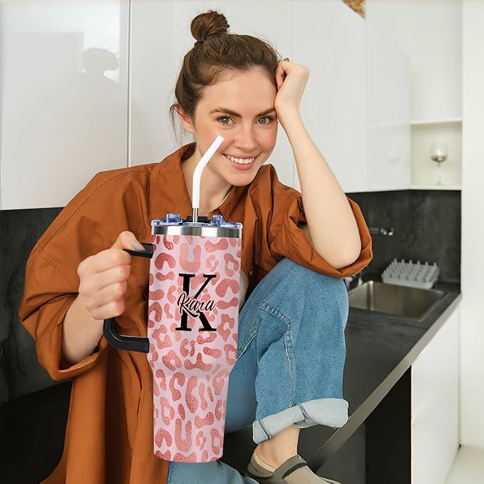 Personalized Pink Leopard Print Tumbler with Names, Custom 40oz Tumblers with Handle and Straw Lid, Insulated Stainless Steel Cup, Travel Coffee Mug, Gifts for Birthday Christmas Anniversary Women - Bloomnest