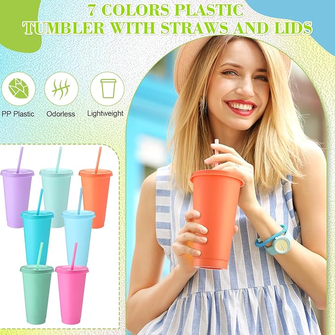 Honeydak 60 Pack Tumbler with Straw and Lid Bulk Water Bottle Iced Coffee Travel Mug Cup Reusable Plastic Cups for Party Birthdays 24-27 oz (Macaron Color) - Bloomnest