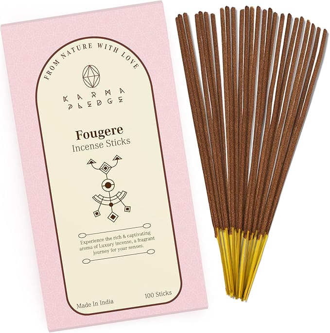 Fougere Incense Sticks, Organic Hand Dipped 100 Sticks with Natural Herbs & Aromatic Ingredients, Burn Time 45 to 60 Minutes, Incense for Positivity, Yoga, Meditation, Relaxation, Spiritual Gift KARMAPLEDGE