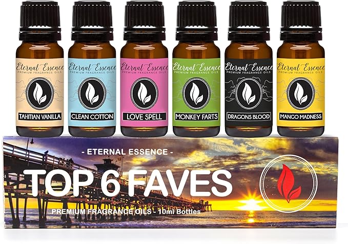 Top 6 Faves - Gift Set of 6 Premium Fragrance Oils - Love Spell, Tahitian Vanilla, Clean Cotton, Mango, Dragon's Blood and Monkey Farts - 10ML - Bloomnest