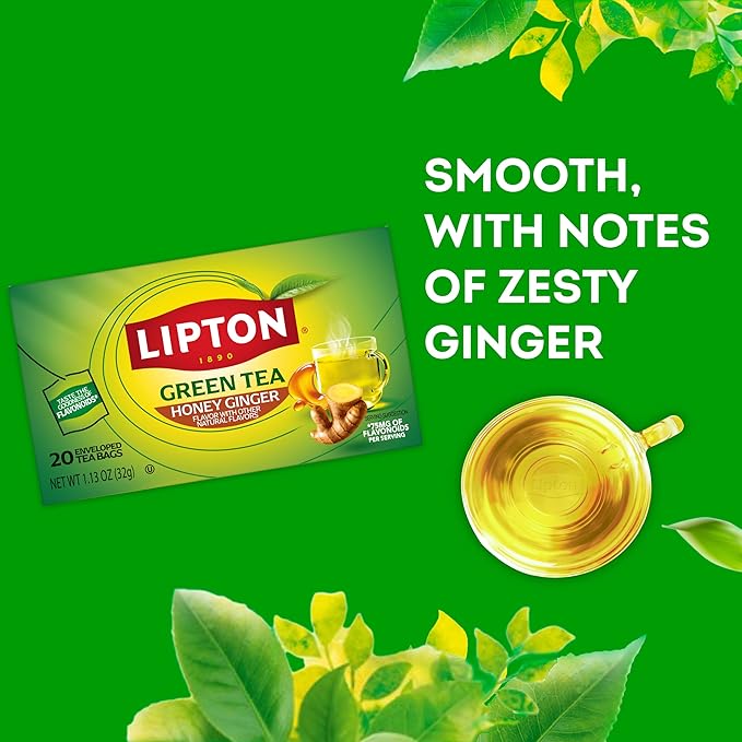 Lipton Honey Ginger Green Tea Bags 20-Count Flavored Unsweetened Hot or Iced Tea with Caffeine Flavonoids Natural Zesty Ginger Honey Aroma Rainforest Alliance Certified - Bloomnest