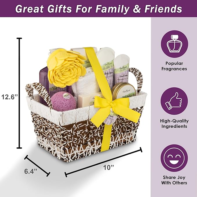 Spa Baskets For Women - Luxury Bath Set With Lavender & Tea Tree Oil - Spa Kit Includes Wash, Bubble Bath, Lotion, Bath Salts, Body Scrub, Hand Cream, Shower Puff, Bathbombs, Soap and Towel - Bloomnest