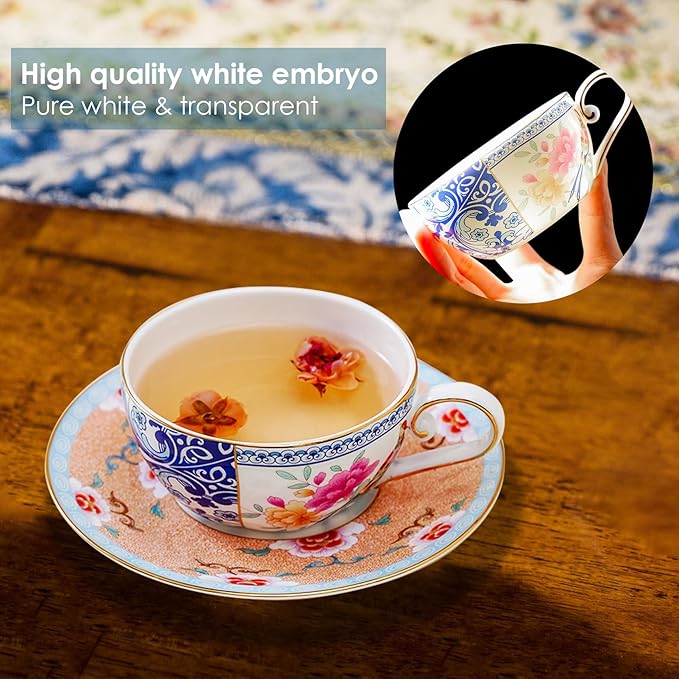 ACMLIFE Tea for One Teapot and Cup, Vintage Floral Porcelain Tea Set for One, Bone China Teapot with Cup Set, Tea Pot Gift for Women (Blue-C) - Bloomnest