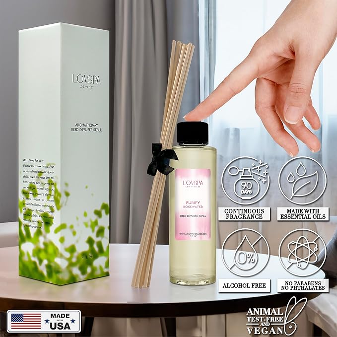 LOVSPA PURIFY Rosewater Diffuser Oil - Luxury Essential Oils for Diffuser Refill & Air Freshener Room Spray - Long-Lasting & Natural Home Fragrance, Scented Oil for Diffusers, USA Made, 4oz - Bloomnest
