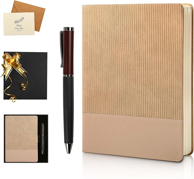 TSFPapier A5 Lined Notebook with Pen & Gift Box 216 Pages PU Leather Journals for Women Men 100GSM Thick Paper College Ruled Notebook for Christmas Gifts, School,Travel,Business,Work,Home Writing (Khaki) - Bloomnest