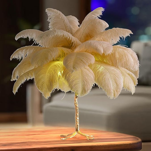 MAYOLA Modern Ostrich Feather Table Lamp with Plug in Wire,3-Light Bedside Floor Lamp for Living Room, Bedroom and Office 24” Tall Feather Desk Lamp (Ostrich Color, Table Lamp-Resin) - Bloomnest