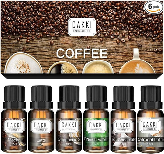 Coffee Essential Oils Set for Diffuser, 6 x10ml, Cakki Fragrance Oils Gift Set with Mocha, Latte, Cappuccino, Hot Chocolate, Vanilla, Oatmeal Latte. for Candle Making - Bloomnest