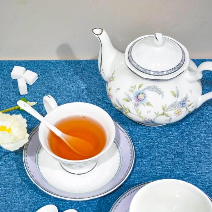 Bone China Tea Set, 21-Pieces Porcelain Tea Set for Adults, Tea Cups And Saucers for 6, with Teapot, Spoons, Sugar Bowl, Creamer Pitcher, Vintage Tea Set for Women Tea Party (Purple) - Bloomnest