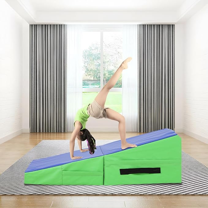 Gymnastics Mat Incline Tumbling Mats yoga mat for Home Gym, Folding Exercise Mat with Non-Slip PU Surface & Handles, Cheese Wedge Mat - Bloomnest