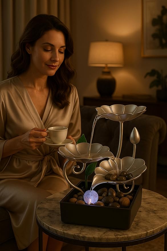 Tabletop Water Fountain with LED Light – Indoor Zen Décor with 3-Tier Design, Natural River Stones for Office, Home 8inch Tall