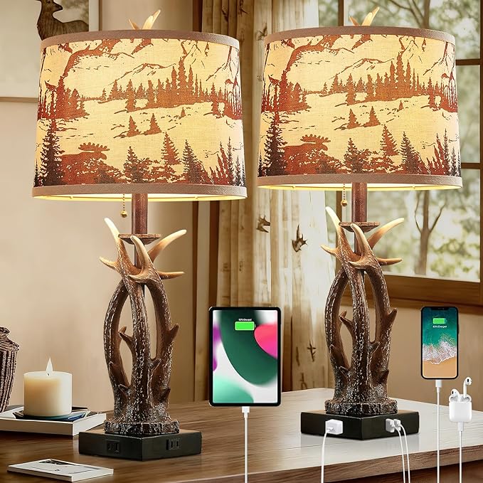Rustic Farmhouse Antler Table Lamp Set of 2 with USB A+C Ports & AC Outlet Linen Fabric Deer Print Round Shade 27" Bedside Lamp for Living Room Bedroom Cabin Lodge Décor, Pull Chain Deer Antler Lamp - Bloomnest