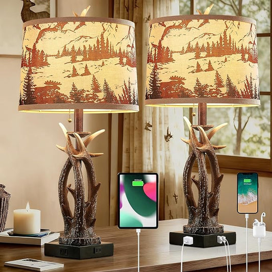 Rustic Farmhouse Antler Table Lamp Set of 2 with USB A+C Ports & AC Outlet Linen Fabric Deer Print Round Shade 27" Bedside Lamp for Living Room Bedroom Cabin Lodge Décor, Pull Chain Deer Antler Lamp - Bloomnest