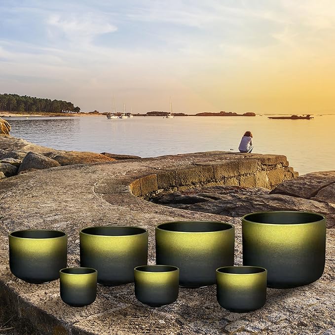 Ryan Dvan Crystal Singing Bowl Set 7-12 Inch, Black with Gold Frosted Quartz Sound Therapy Bowls with Mallets, O-Rings & 2 Carrying Cases — Chakra Healing, Reiki, Yoga, Meditation, Energy Balancing - Bloomnest