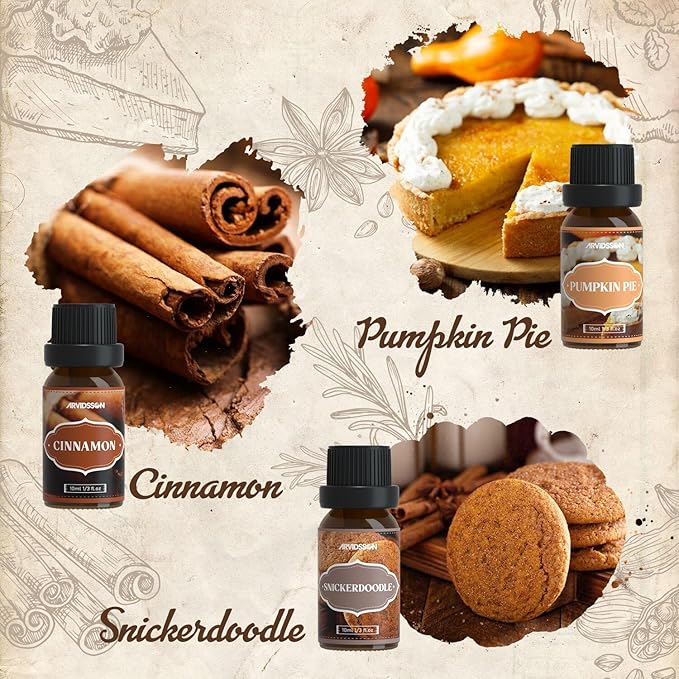 Autumn Spice Essential Oils Set, ARVIDSSON Fall Essential Oil for Diffuser - Cinnamon, Pumpkin Pie, Harvest Spice, Apple Cider, Gingerbread, Snickerdoodle, Cozy Fragrance Oils - Bloomnest