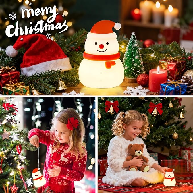 Squishy Christmas Snowman Night Light with RGB Modes Dimmable Nursery Breastfeeding Nightlight Hangable Cute Christmas Lamp Novelty Rechargeable Silicone Touch Bedside Lamp for Bedroom Dorm Decor - Bloomnest