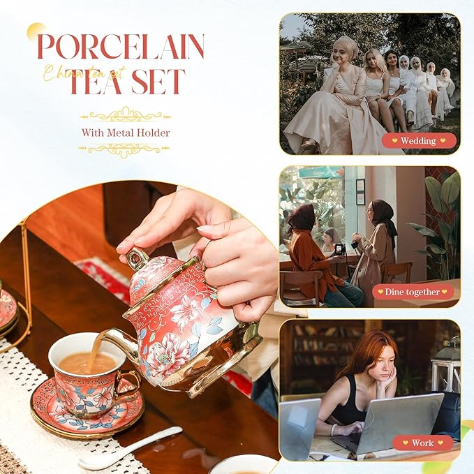 20 Pcs Porcelain Tea Set for Adults with Metal Holder and Spoon European Ceramic Tea Party Set Flower Painting Teapot Cup Saucer for Christmas Women Gifts, Serving 6 People(Attractive) - Bloomnest