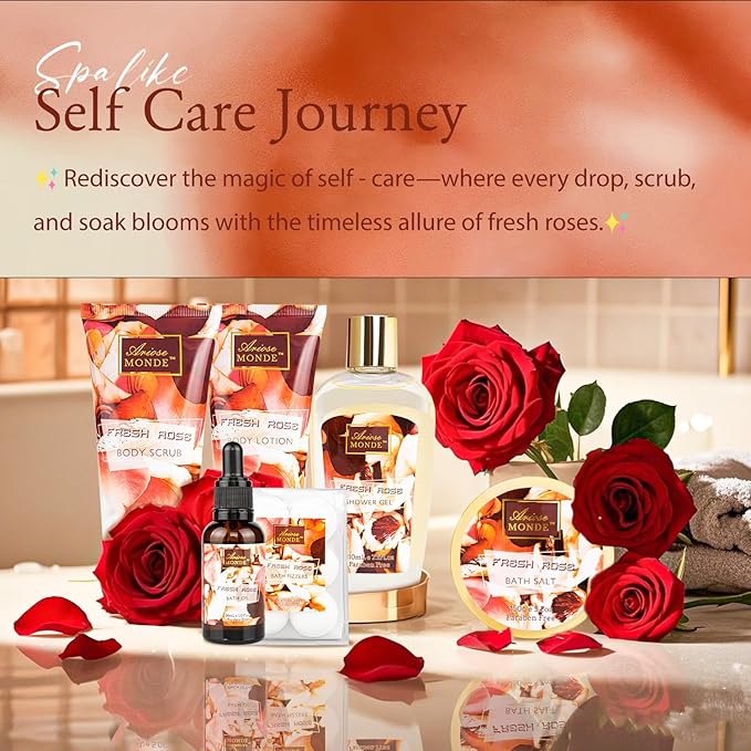Fresh Rose Spa Gift Set for Women, 8-Piece Relaxing Bath Set with Shower Gel, Bubble Bath, Body Lotion, Self Care Gift for Any Occasion, Birthday Gifts for Women, Spa Kit for Mom Gifts - Bloomnest