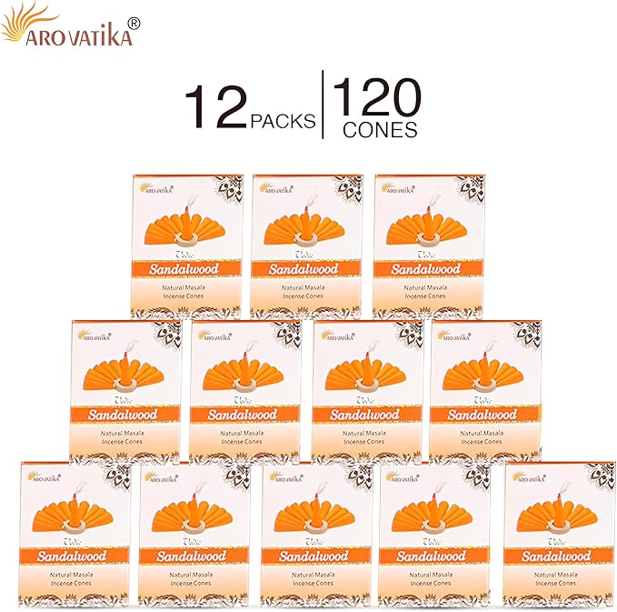 ARO VATIKA Vedic Sandalwood Natural Masala 120 Incense Cones in Pack of 12 Boxes |12 Assorted Fragrances Dhoop Cones | Best for Prayer, Reiki, Meditation and Relaxation | Burn time- 25 Mins AROVATIKA