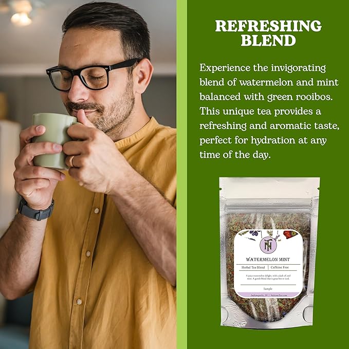 Nelson's Tea Watermelon Mint Tea Loose Leaf - Caffeine Free Green Rooibos Tea with Spearmint, Echinacea, Linden Leaf, Coriander, Safflower and Eucalyptus (Sample 0.4 Oz) - Bloomnest