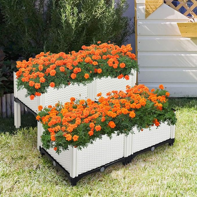 S AFSTAR Raised Garden Bed Kit Set of 4, Elevated Planter Boxes with Self-Watering Design & Removable Legs, Outdoor Plastic Planter Box for Patio Yard Balcony Gardening, Rattan Pattern (White) - Bloomnest