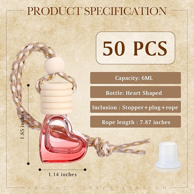 BBTO 50 Pcs 6ml Hanging Car Air Freshener Car Diffuser Bottle Empty Glass Perfume Heart LoveFreshener Bottle Diffuser Pendant Valentine's Day Essential Oil Fragrance Aromatherapy Decor (Red) - Bloomnest