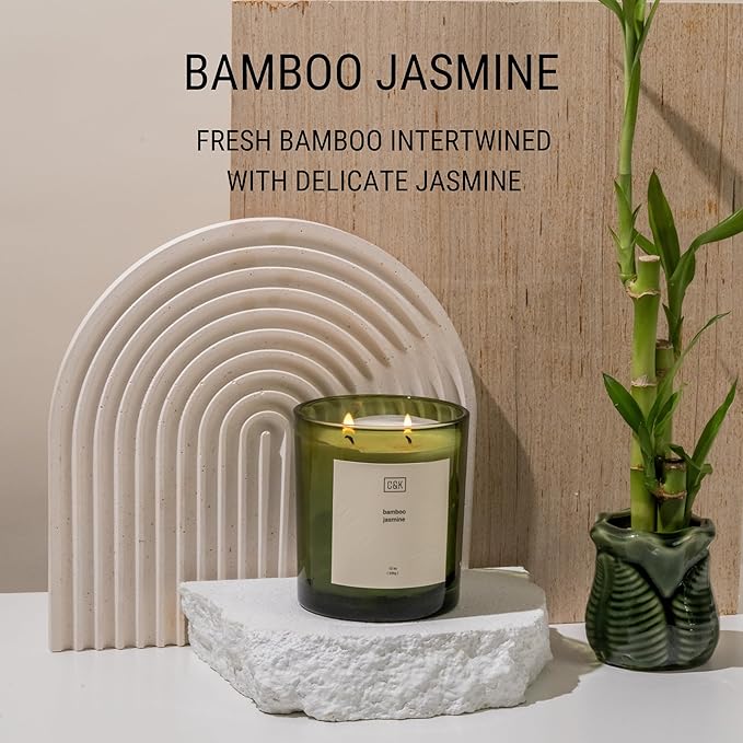 Craft & Kin 12oz Bamboo Jasmine Christmas Candle for Home | Premium Green Scented Candles for Men | Winter Candles Made with Natural Soy | Holiday Candle Gifts for Men and Women | Nature Collection - Bloomnest