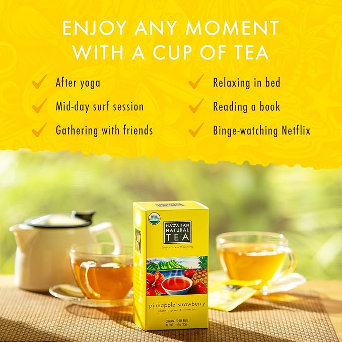 Hawaiian Natural Tea Pineapple Strawberry Flavored Organic Tea - Tropical Fruit Green Tea Blend with White Tea - Perfect Daily Cup & Gift for Tea Lovers - 60 Tea Bags - Bloomnest